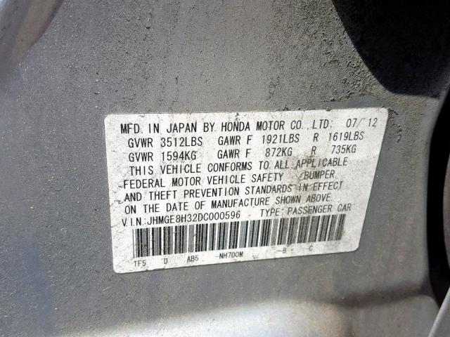 JHMGE8H32DC000596 - 2013 HONDA FIT SILVER photo 10