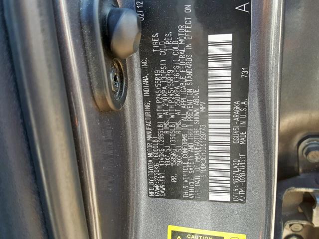 5TDDK3EH0CS129773 - 2012 TOYOTA HIGHLANDER GRAY photo 10