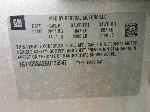 1G11C5SA2GU136947 - 2016 CHEVROLET MALIBU LIM 银色 照片 10