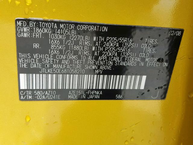 JTLKE50E681058210 - 2008 TOYOTA SCION XB 黄色 照片 10