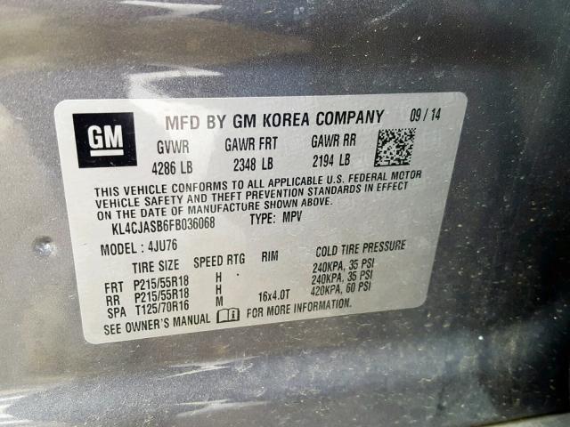 KL4CJASB6FB036068 - 2015 BUICK ENCORE GRAY photo 10