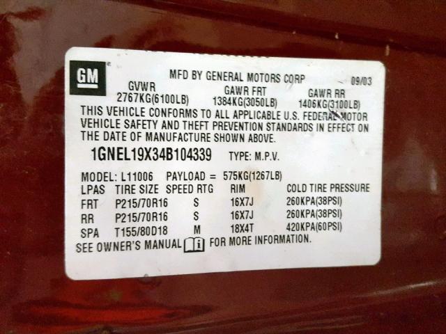 1GNEL19X34B104339 - 2004 CHEVROLET ASTRO MAROON photo 10