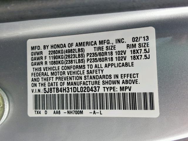 5J8TB4H31DL020437 - 2013 ACURA RDX SILVER photo 10