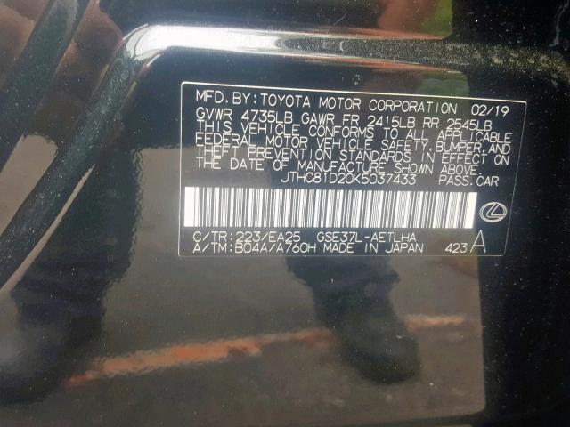 JTHC81D20K5037433 - 2019 LEXUS IS 300 BLACK photo 10