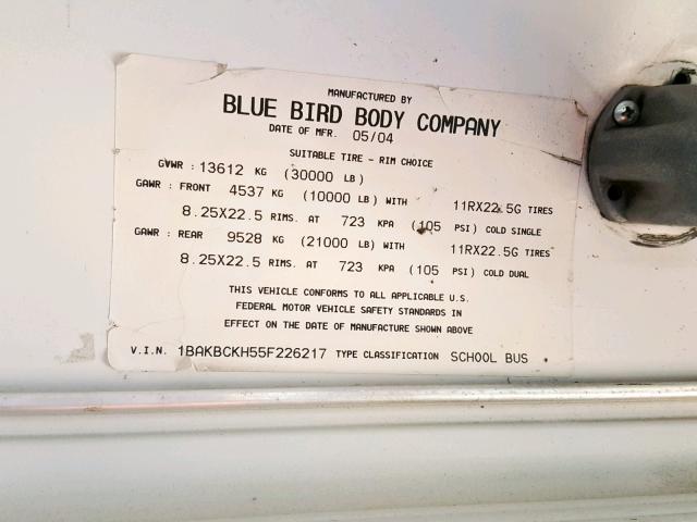 1BAKBCKH55F226217 - 2005 BLUE BIRD SCHOOL BUS YELLOW photo 10