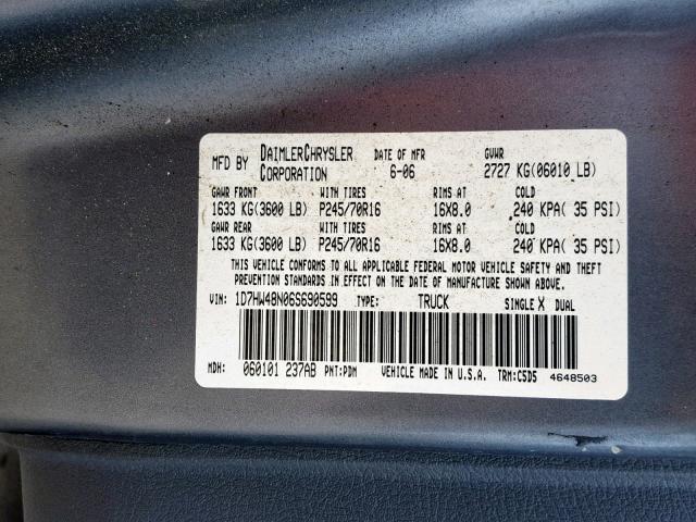 1D7HW48N06S690599 - 2006 DODGE DAKOTA QUA GRAY photo 10