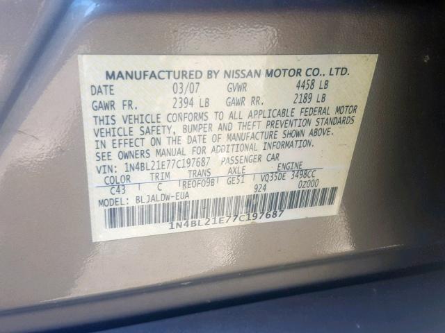 1N4BL21E77C197687 - 2007 NISSAN ALTIMA 3.5 GOLD photo 10