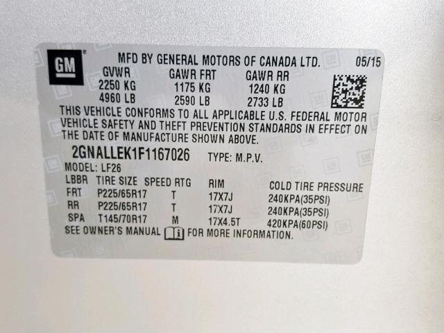 2GNALLEK1F1167026 - 2015 CHEVROLET EQUINOX L SILVER photo 10