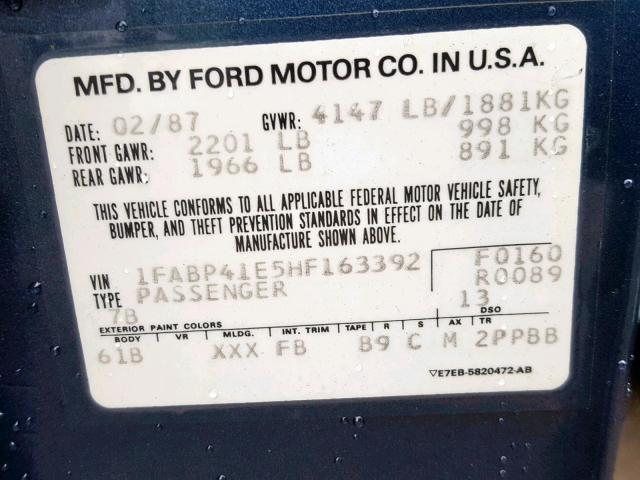 1FABP41E5HF163392 - 1987 FORD MUSTANG LX BLUE photo 10