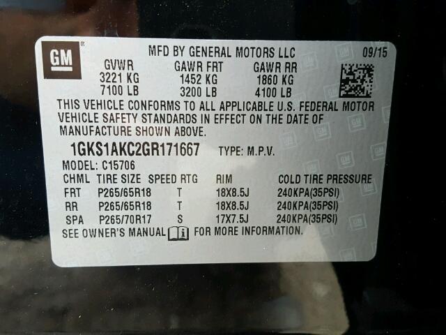 1GKS1AKC2GR171667 - 2016 GMC YUKON SLE BLACK photo 10