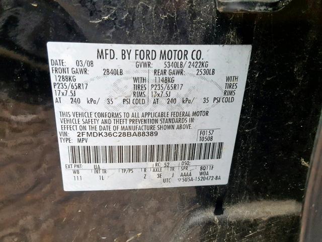 2FMDK36C28BA88389 - 2008 FORD EDGE SE BLACK photo 10