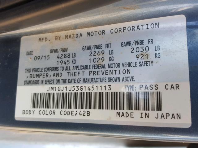 JM1GJ1U53G1451113 - 2016 MAZDA 6 SPORT BLUE photo 10