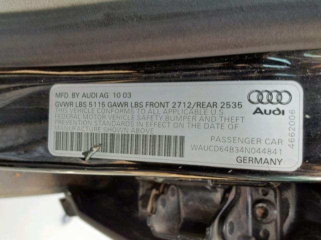 WAUCD64B34N044841 - 2004 AUDI A6 S-LINE BLACK photo 10