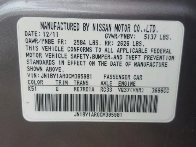 JN1BY1AR0CM395981 - 2012 INFINITI M37 X GRAY photo 10