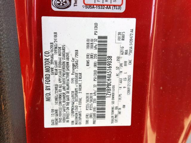 1ZVBP8CH4A5169038 - 2010 FORD MUSTANG GT RED photo 10