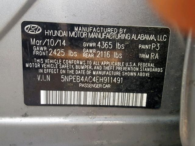 5NPEB4AC4EH911491 - 2014 HYUNDAI SONATA GLS GRAY photo 10