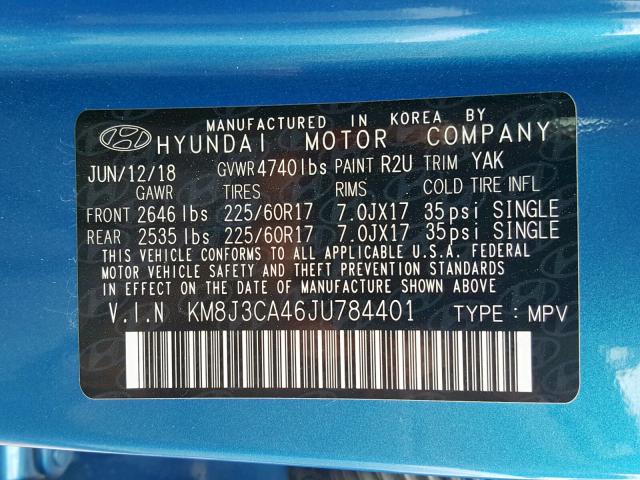 KM8J3CA46JU784401 - 2018 HYUNDAI TUCSON SEL BLUE photo 10