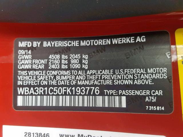 WBA3R1C50FK193776 - 2015 BMW 435 I RED photo 10