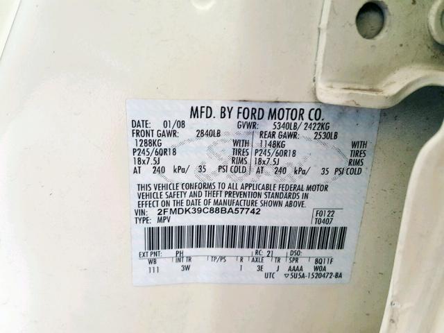 2FMDK39C88BA57742 - 2008 FORD EDGE LIMIT CREAM photo 10