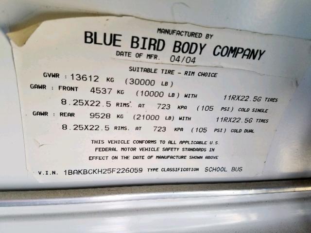 1BAKBCKH25F226059 - 2005 BLUE BIRD SCHOOL BUS YELLOW photo 10