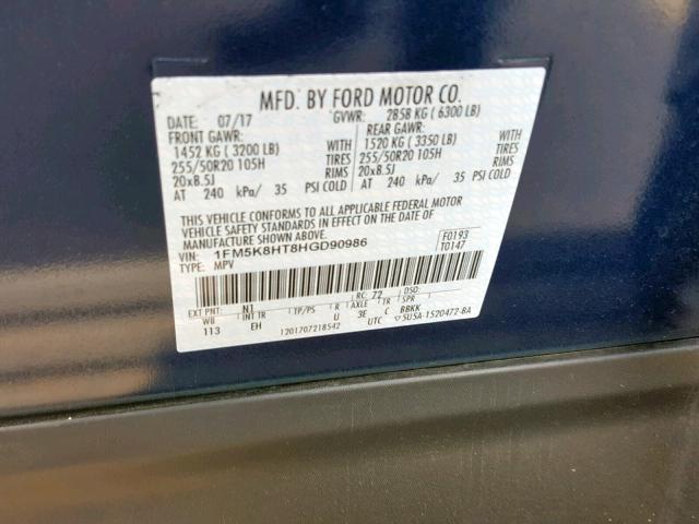 1FM5K8HT8HGD90986 - 2017 FORD EXPLORER P BLUE photo 10