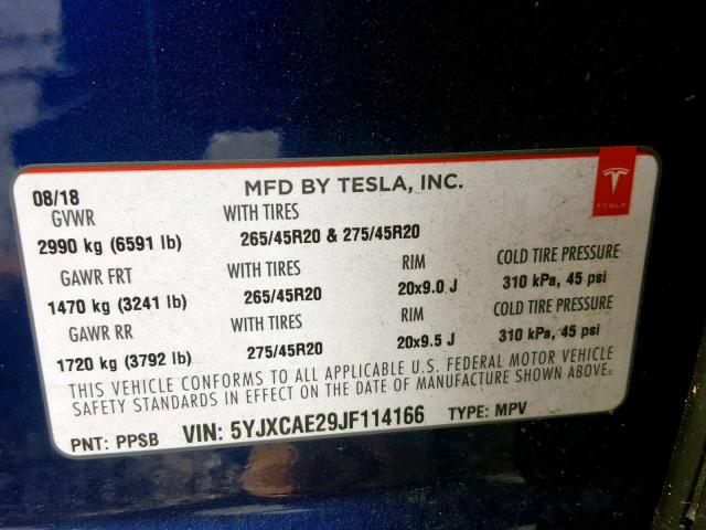 5YJXCAE29JF114166 - 2018 TESLA MODEL X BLUE photo 10