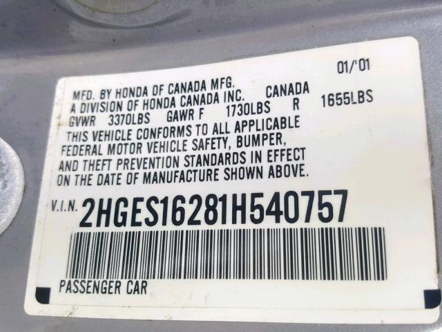 2HGES16281H540757 - 2001 HONDA CIVIC DX SILVER photo 10