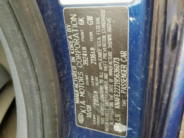 KNAFE222195636073 - 2009 KIA SPECTRA EX BLUE photo 10