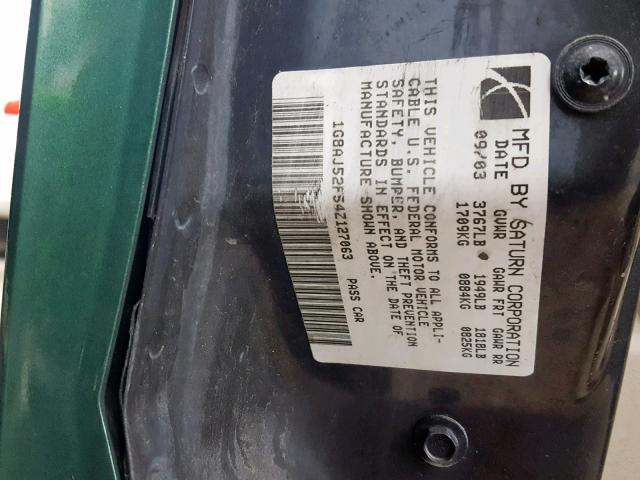 1G8AJ52F54Z127063 - 2004 SATURN ION LEVEL GREEN photo 10
