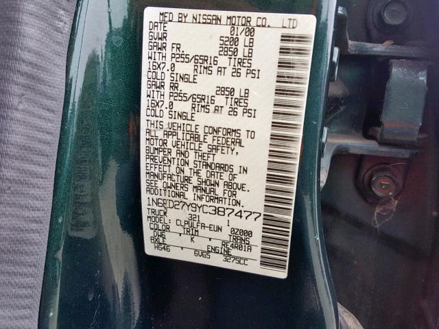 1N6ED27Y9YC387477 - 2000 NISSAN FRONTIER C GREEN photo 10