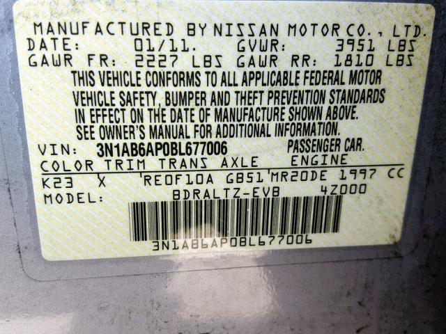 3N1AB6AP0BL677006 - 2011 NISSAN SENTRA 2.0 SILVER photo 10