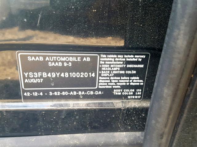 YS3FB49Y481002014 - 2008 SAAB 9-3 2.0T BLACK photo 10