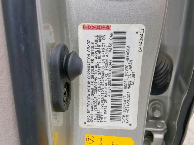 JTHBF30G730100847 - 2003 LEXUS ES 300 SILVER photo 10