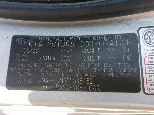 KNAFE221395598482 - 2009 KIA SPECTRA EX SILVER photo 10