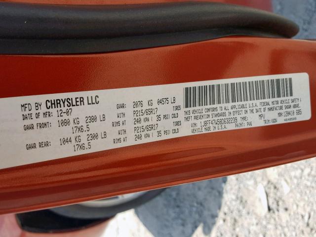 1J8FF47W58D632239 - 2008 JEEP COMPASS SP ნარინჯისფერი ფოტო 10