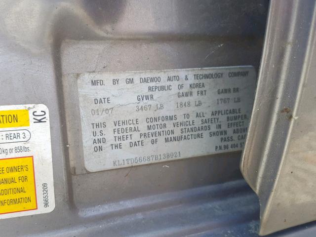 KL1TD56687B138921 - 2007 CHEVROLET AVEO BASE Сұр фото 10