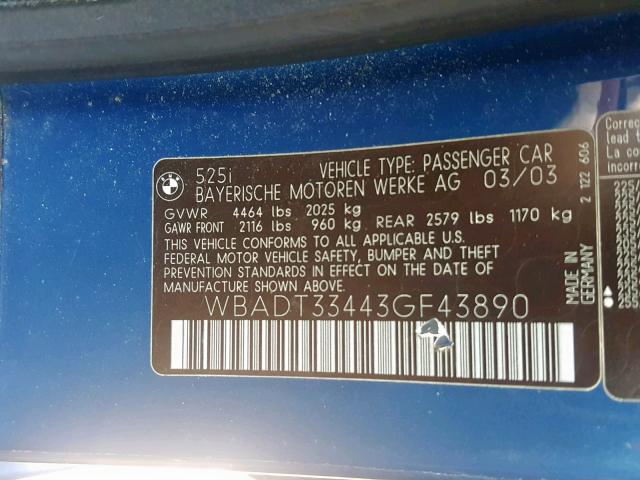 WBADT33443GF43890 - 2003 BMW 525 I BLUE photo 10