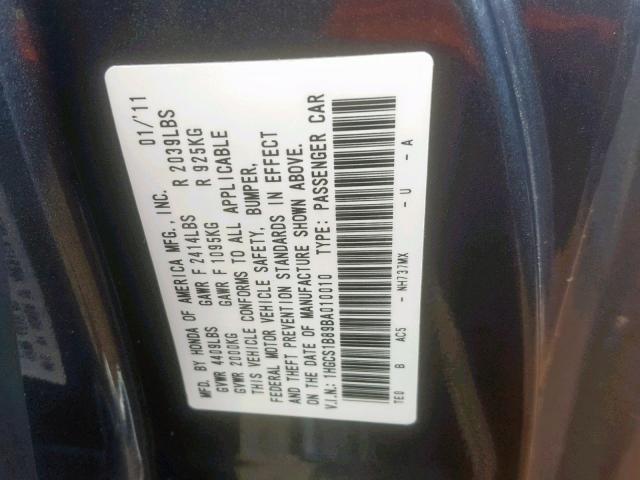 1HGCS1B89BA010010 - 2011 HONDA ACCORD EXL GRAY photo 10