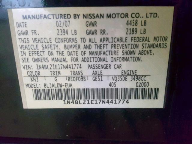 1N4BL21E17N441774 - 2007 NISSAN ALTIMA 3.5 BLACK photo 10