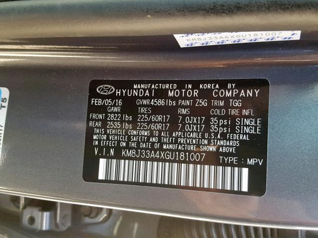 KM8J33A4XGU181007 - 2016 HYUNDAI TUCSON LIM GRAY photo 10