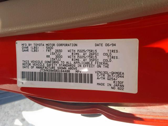 JT3VN39W5R0164488 - 1994 TOYOTA 4RUNNER VN RED photo 10