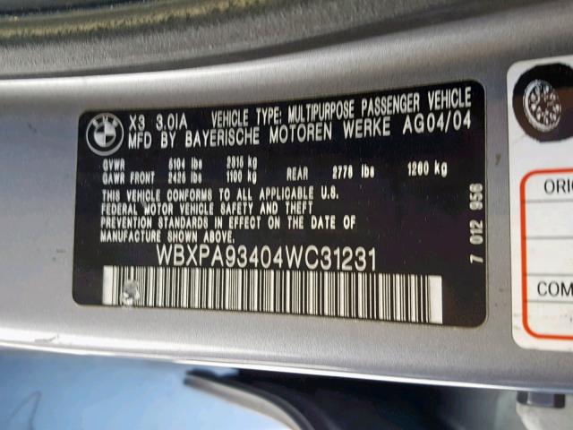 WBXPA93404WC31231 - 2004 BMW X3 3.0I SILVER photo 10