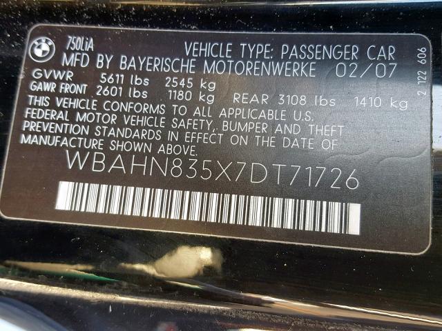 WBAHN835X7DT71726 - 2007 BMW 750 BLACK photo 10