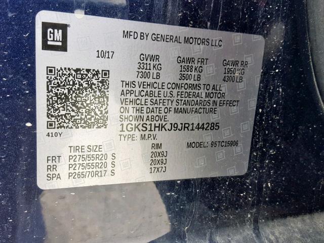 1GKS1HKJ9JR144285 - 2018 GMC YUKON XL D BLUE photo 10