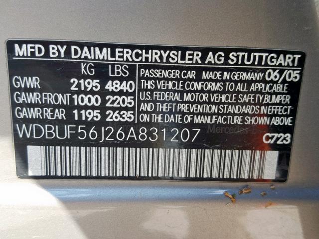 WDBUF56J26A831207 - 2006 MERCEDES-BENZ E 350 GRAY photo 10