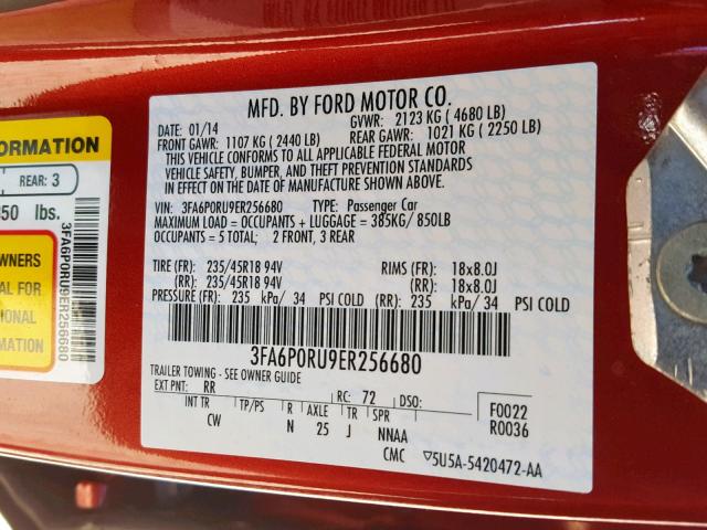 3FA6P0RU9ER256680 - 2014 FORD FUSION TIT RED photo 10