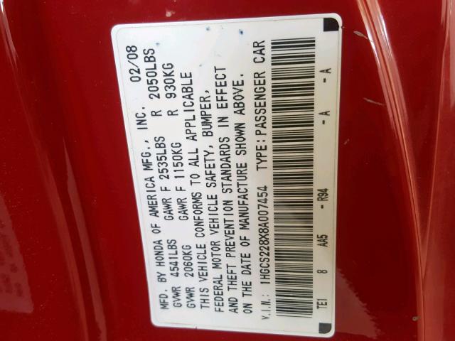 1HGCS228X8A007454 - 2008 HONDA ACCORD EXL RED photo 10