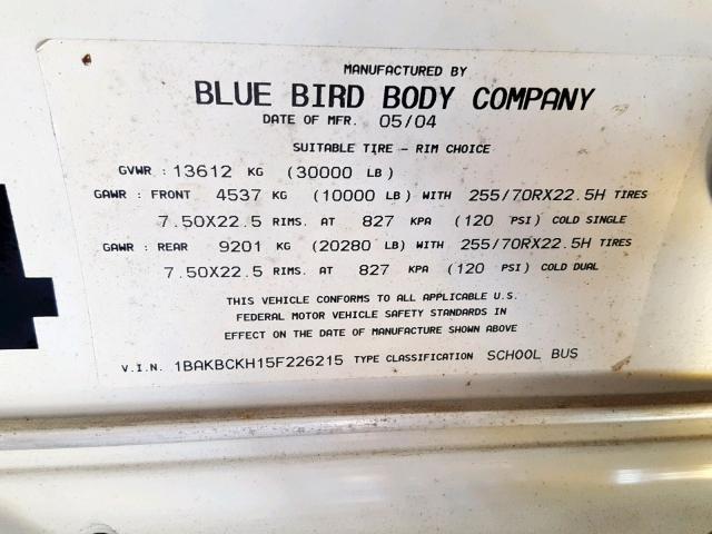 1BAKBCKH15F226215 - 2005 BLUE BIRD SCHOOL BUS YELLOW photo 10
