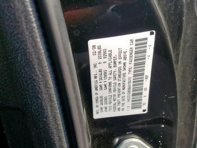 1HGCS12808A015010 - 2008 HONDA ACCORD EXL BLACK photo 10