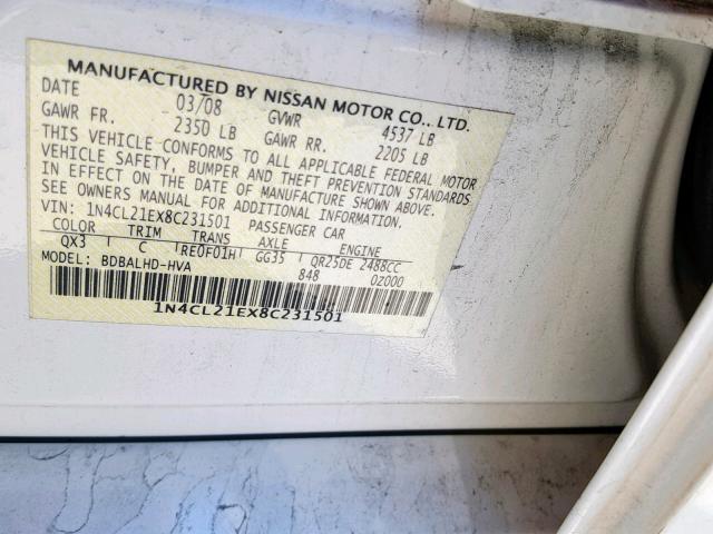 1N4CL21EX8C231501 - 2008 NISSAN ALTIMA HYB WHITE photo 10